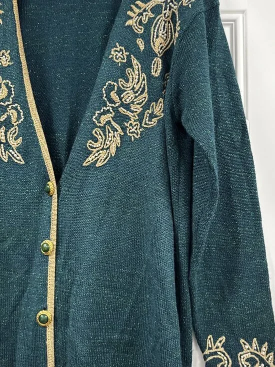 Vintage Jaclyn Smith Green Metallic Beaded Embroidered Floral Cardigan Sweater M - Picture 7 of 13